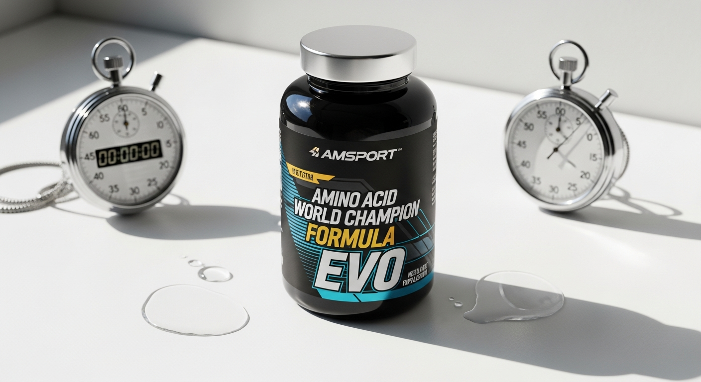 AMSPORT Amino Acid World Champion Formula EVO supplement powder container and scoop on white background