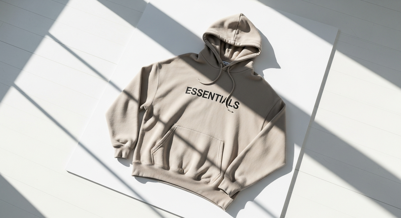 Fear of God Essentials Core Collection Hoodie in Light Oatmeal displayed on neutral background showcasing minimalist streetwear design