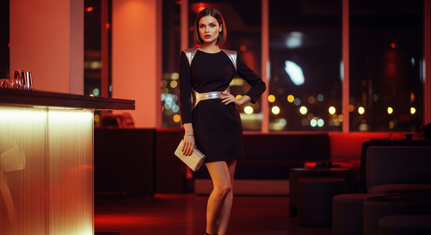 Woman wearing a sexy black minidress with cut-out details at a nightclub