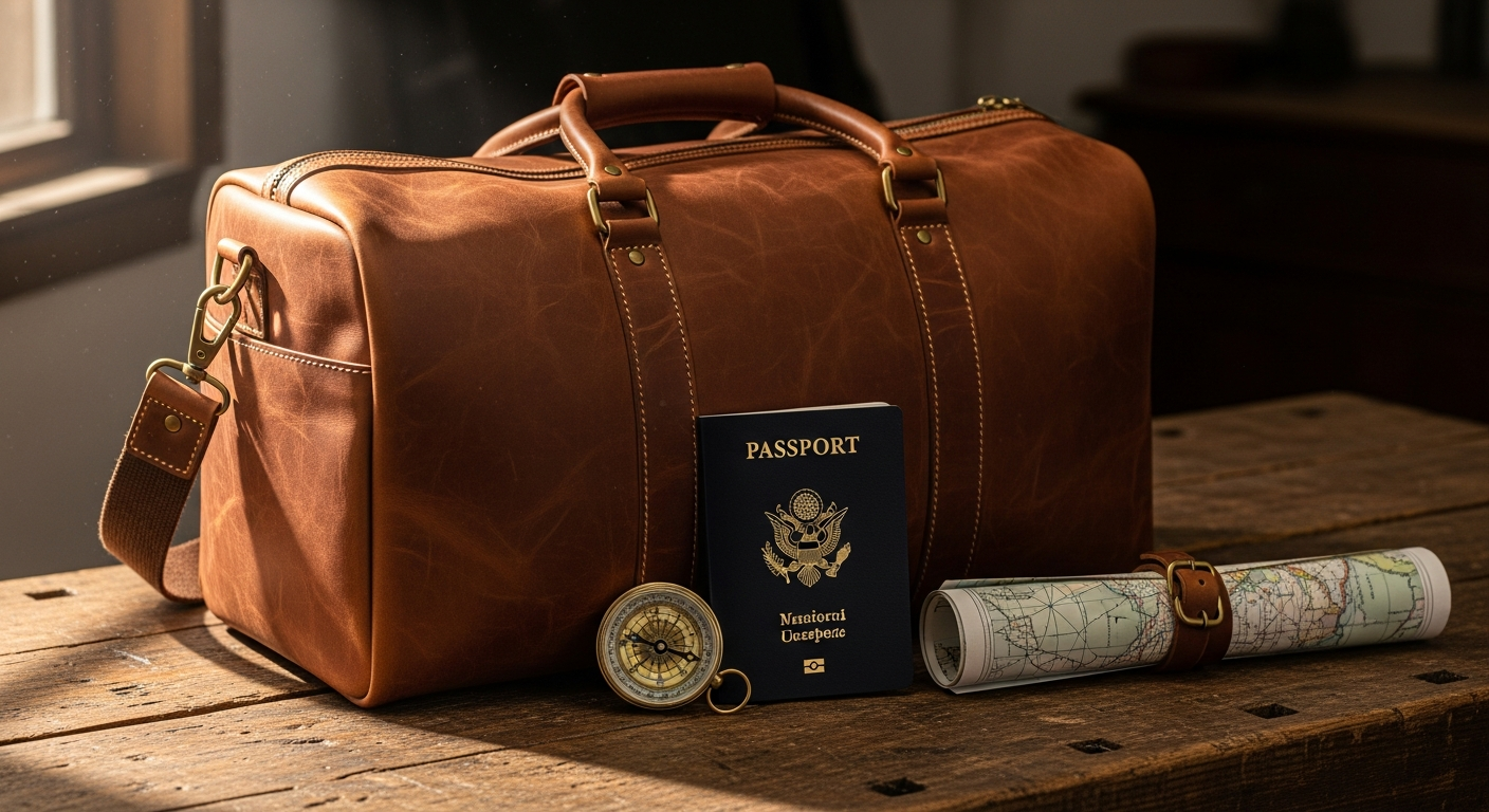 Tan brown full-grain leather Kingston Duffle Bag with brass hardware and removable shoulder strap displayed on neutral background
