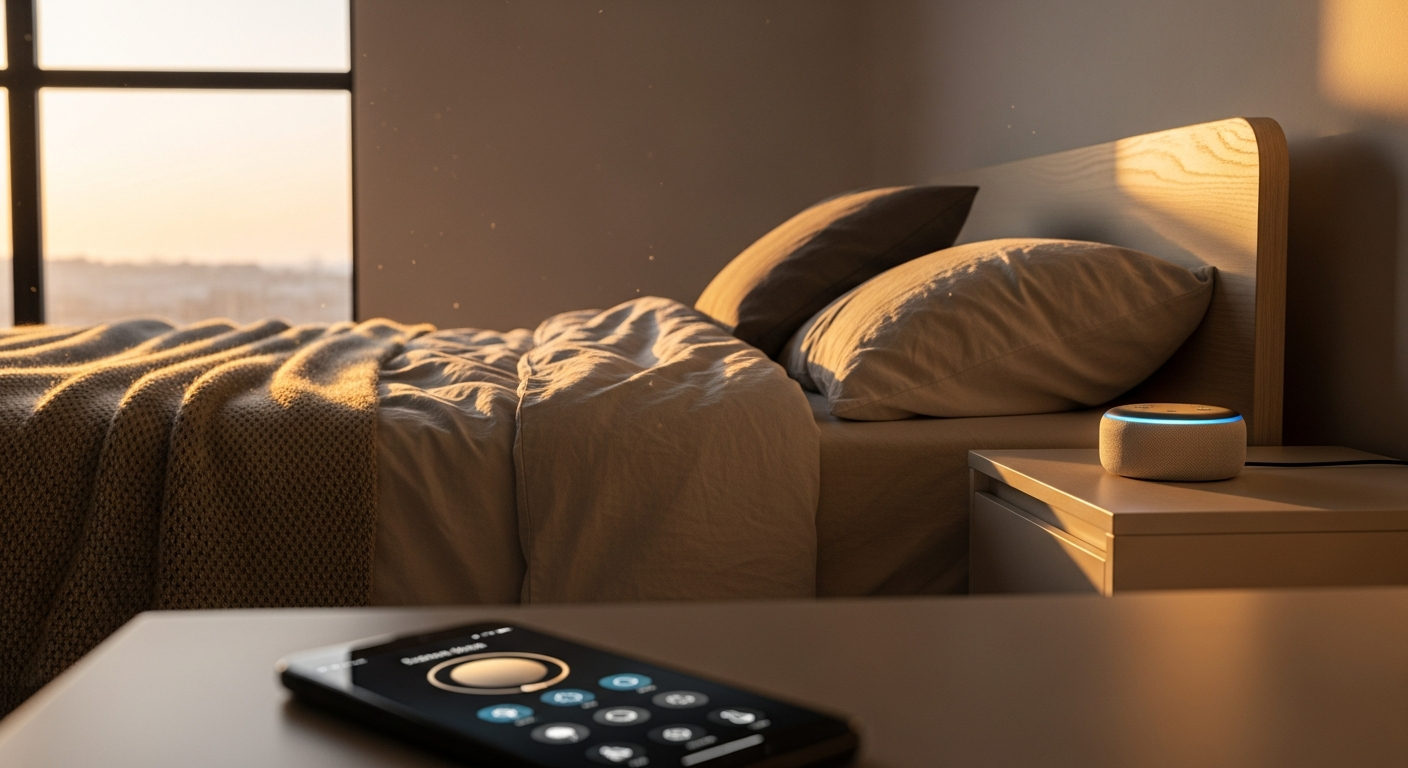 Amazon Echo Dot smart speaker sitting on a modern nightstand next to a bed