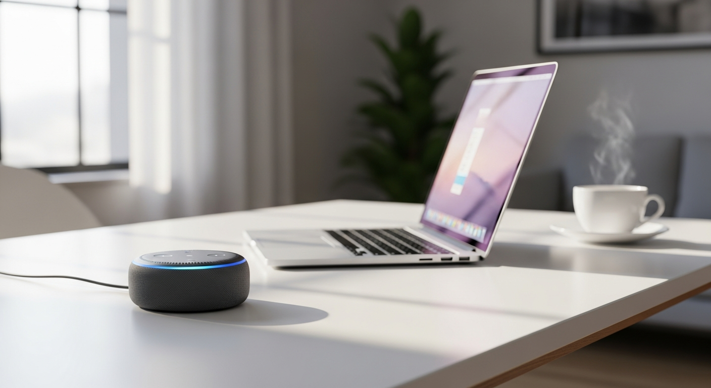 Amazon Echo Dot 5th generation smart speaker on a white shelf in a modern apartment living room