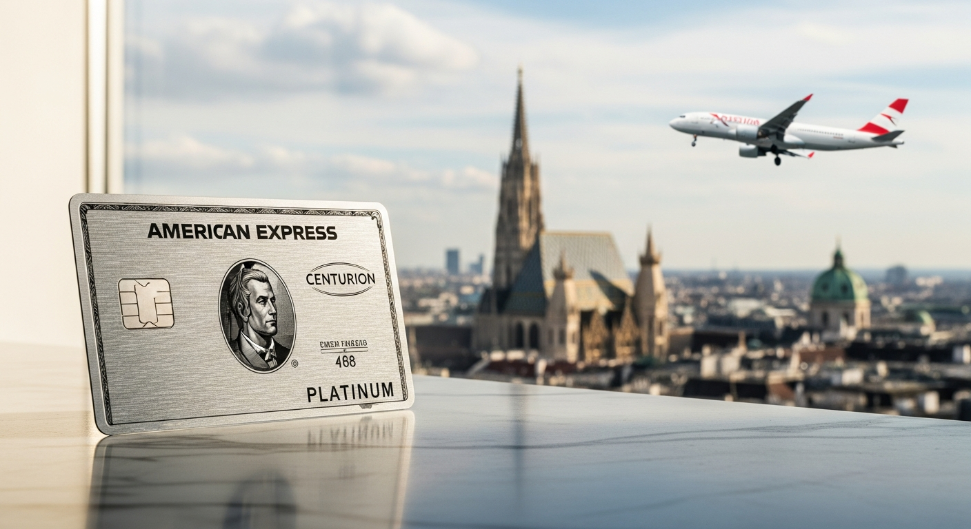 American Express Platinum Card Austria metal card displayed with airport lounge and travel benefits
