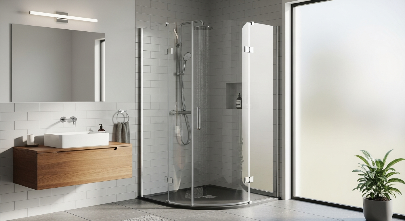 American Standard Ovation Curve Shower Kit with curved design, subway tile pattern, and built-in storage shelves in Arctic White finish