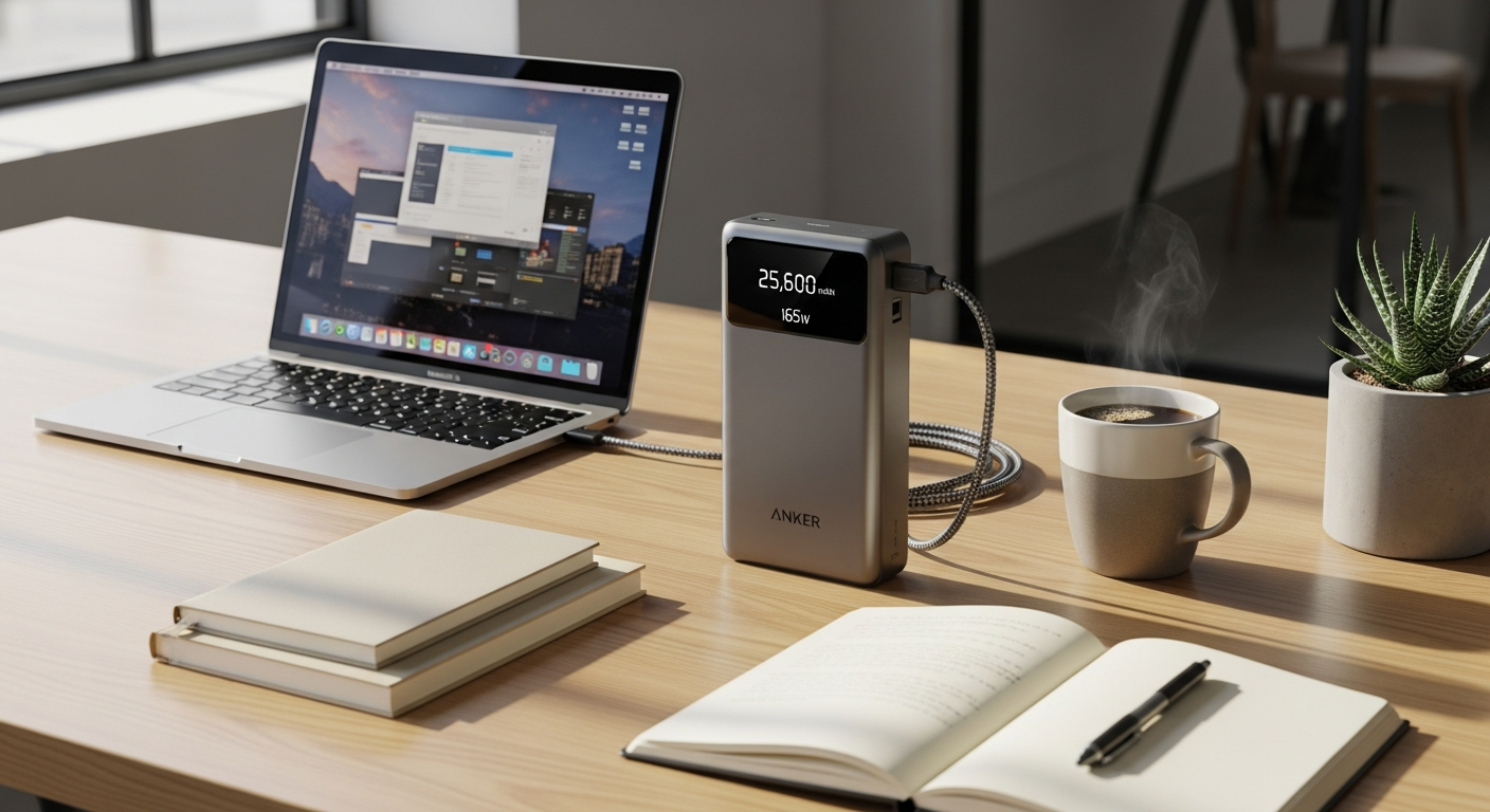 Anker 25K 165W Laptop Power Bank with dual built-in USB-C cables and digital display for remote work charging