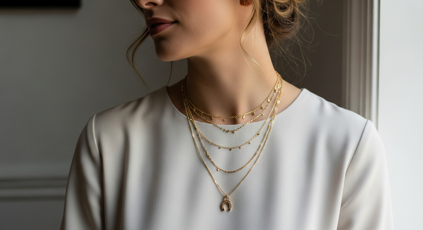 Gold-plated layered necklace set with horseshoe lock design displayed on elegant surface