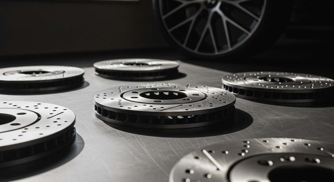 Premium automotive brake discs showing vented and drilled designs for vehicle safety