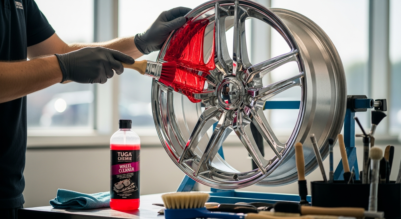 Professional detailer cleaning high-end alloy wheels with Tuga Chemie Alu-Teufel Spezial Felgenreiniger Gel