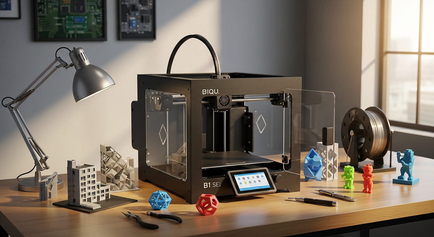 BIQU B1 SE PLUS 3D printer with large build platform and touchscreen interface in workshop setting