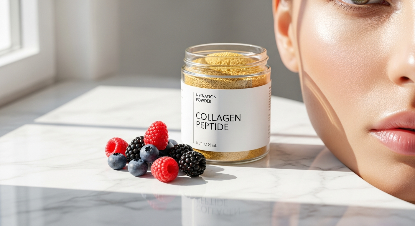BN Collagen Peptides Powder container displayed with hair, skin, and nails imagery representing post-bariatric surgery recovery