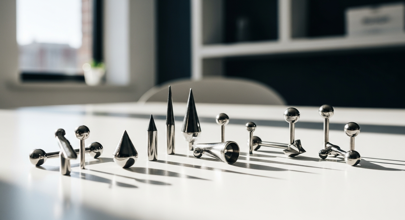 Titanium spike multi-use body piercing jewelry displayed with various end pieces and gauge sizes