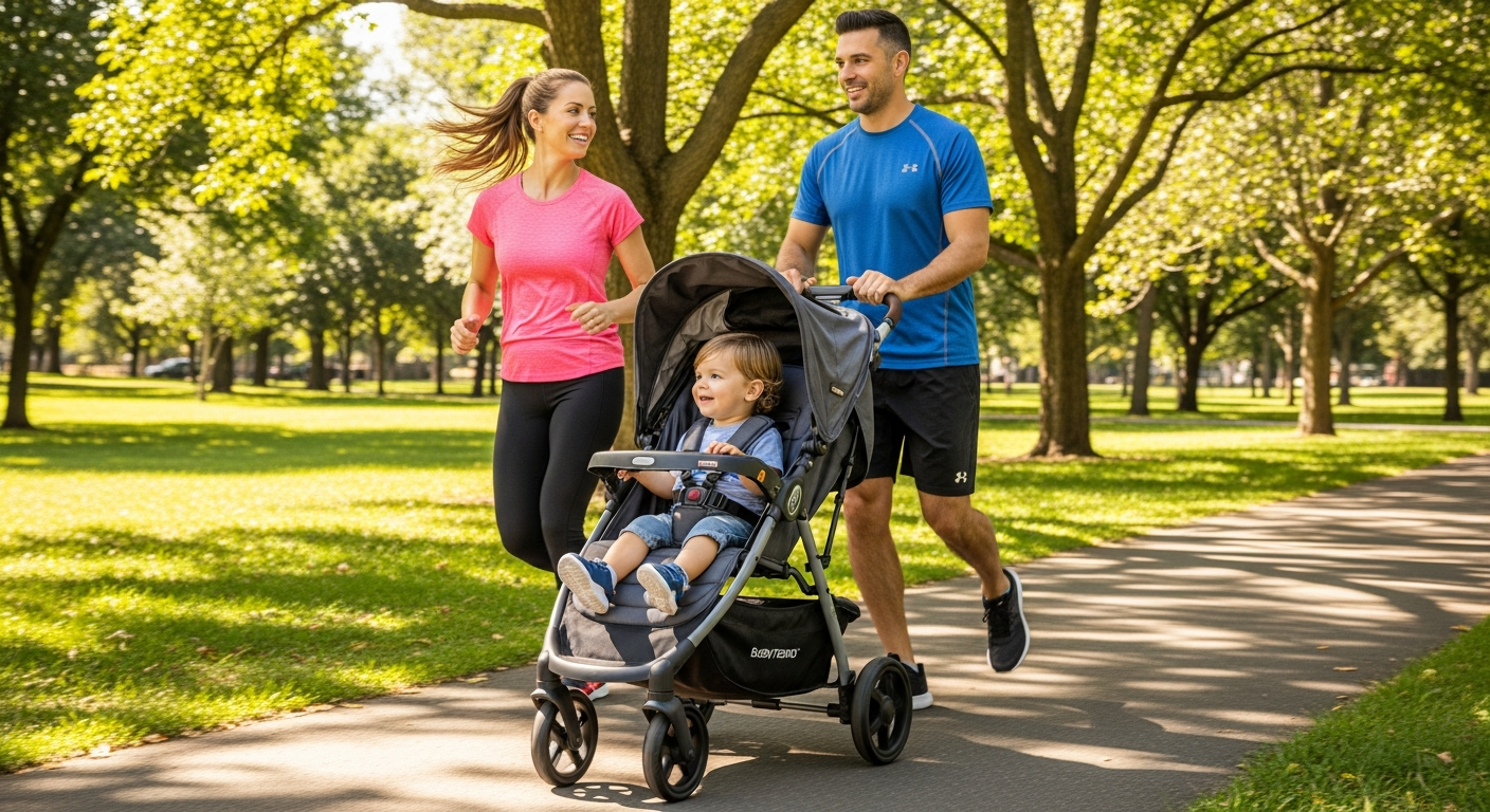 Baby Trend Expedition Jogger Stroller in action on a park pathway with active parent jogging