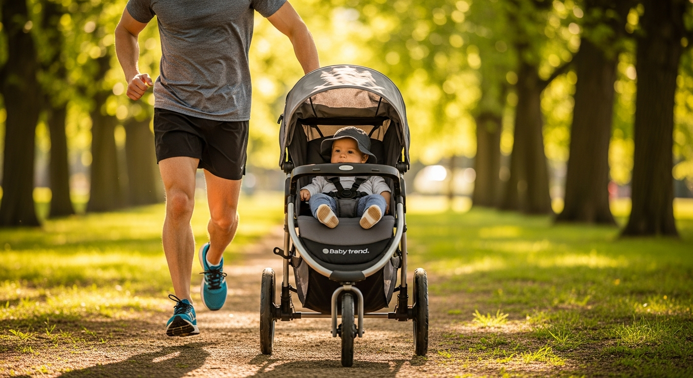 Baby Trend Expedition Jogger Stroller on outdoor trail with all-terrain tires and canopy
