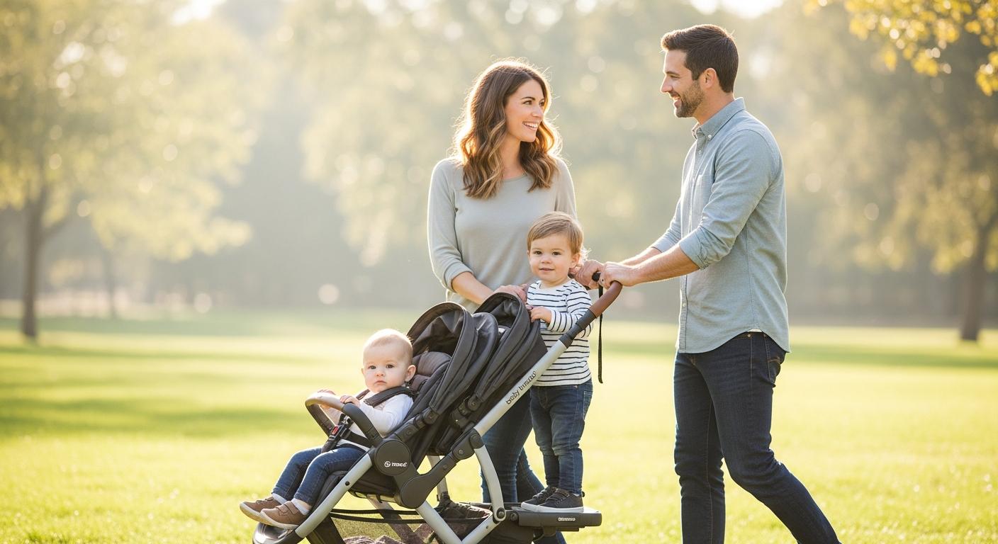 Baby Trend Sit N Stand Double Stroller with infant and toddler seating configuration in urban setting