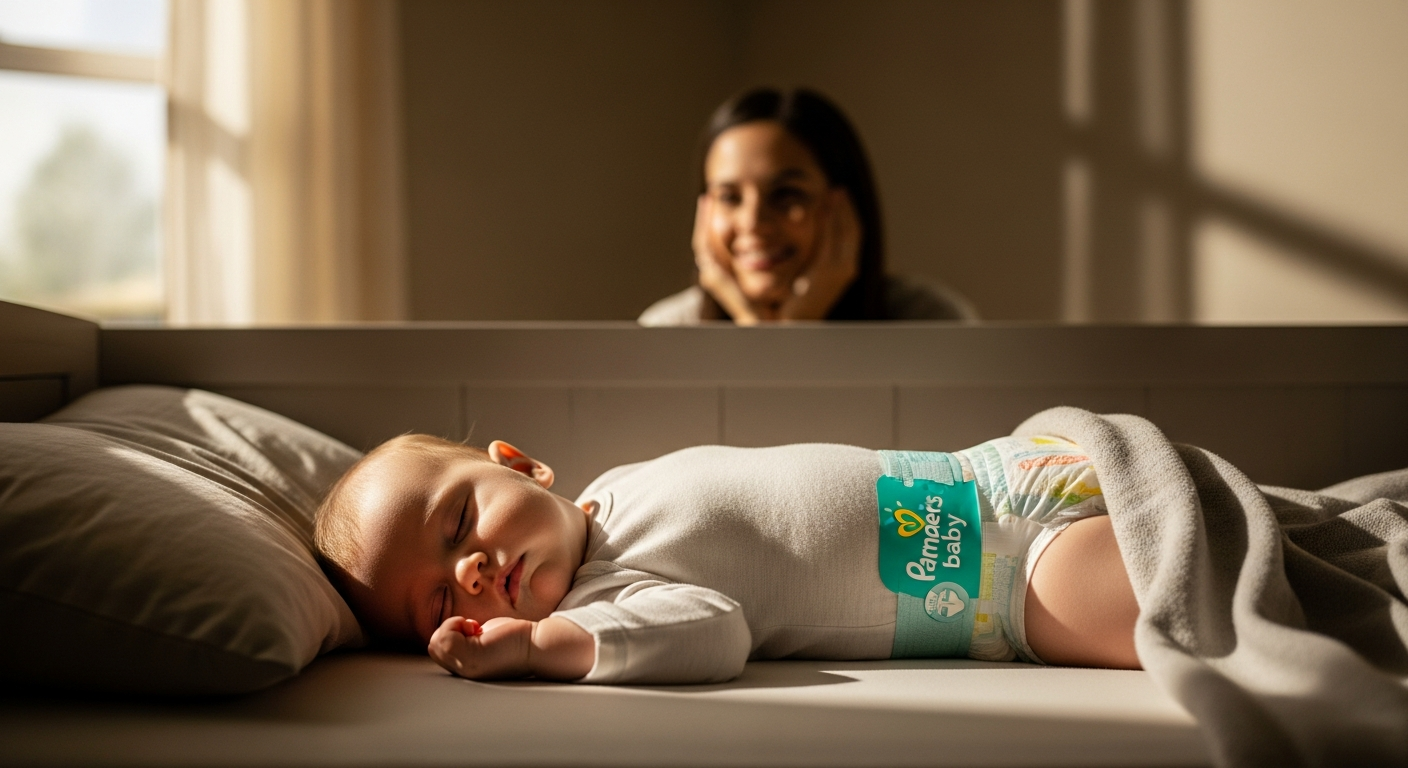 Pampers Baby Dry Diapers package with Extra Sleep-Layer technology for nighttime leak protection