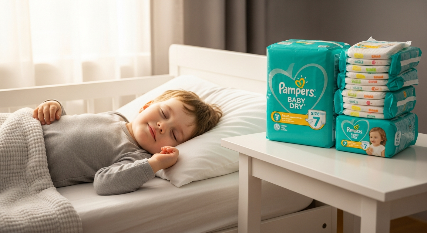 Pampers Baby Dry Size 7 Mega Pack diapers displayed with overnight protection features highlighted