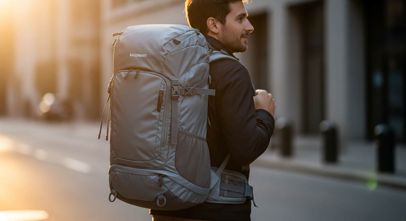 Bagsmart Blast Pro 40L travel backpack displayed from front showing laptop sleeve and organization pockets