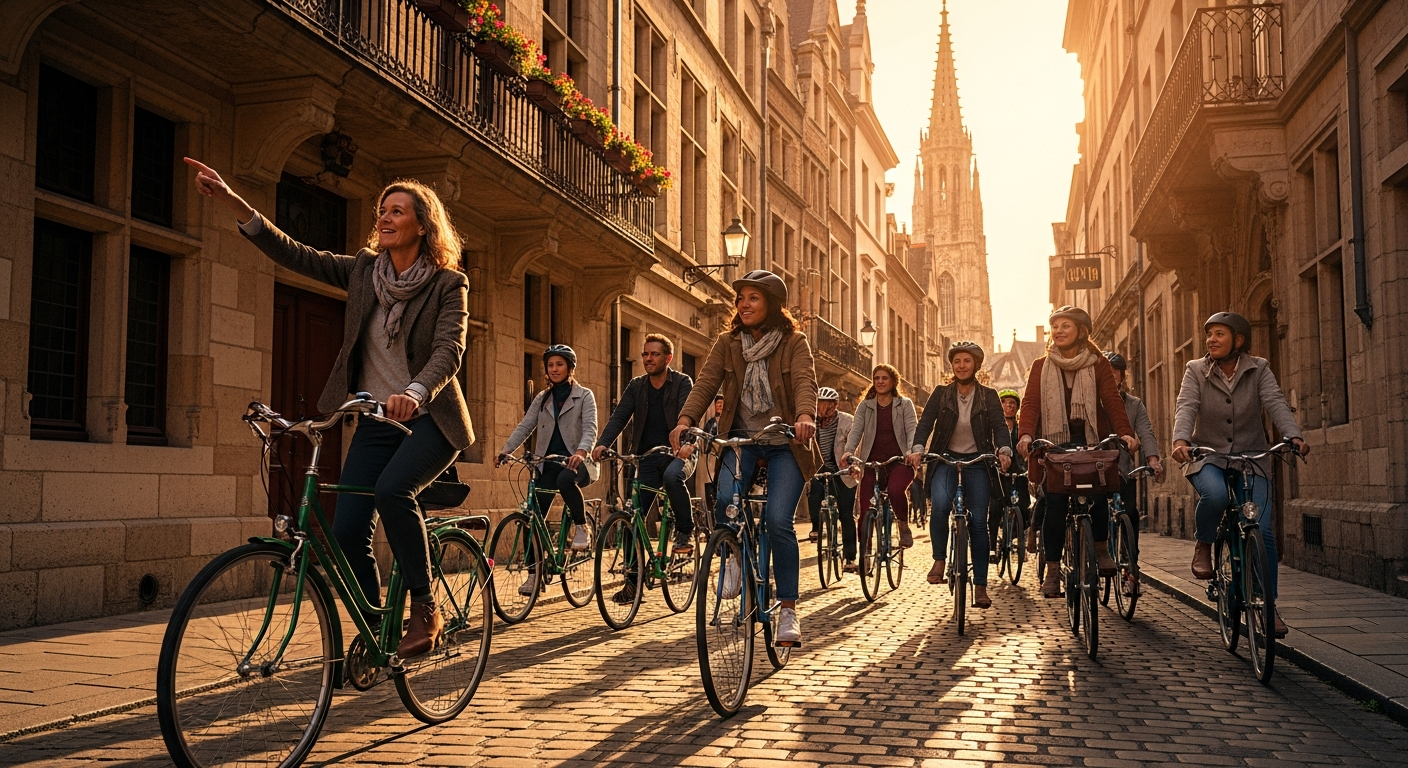 Guided city bike tour group cycling through European cobblestone streets with local expert guide