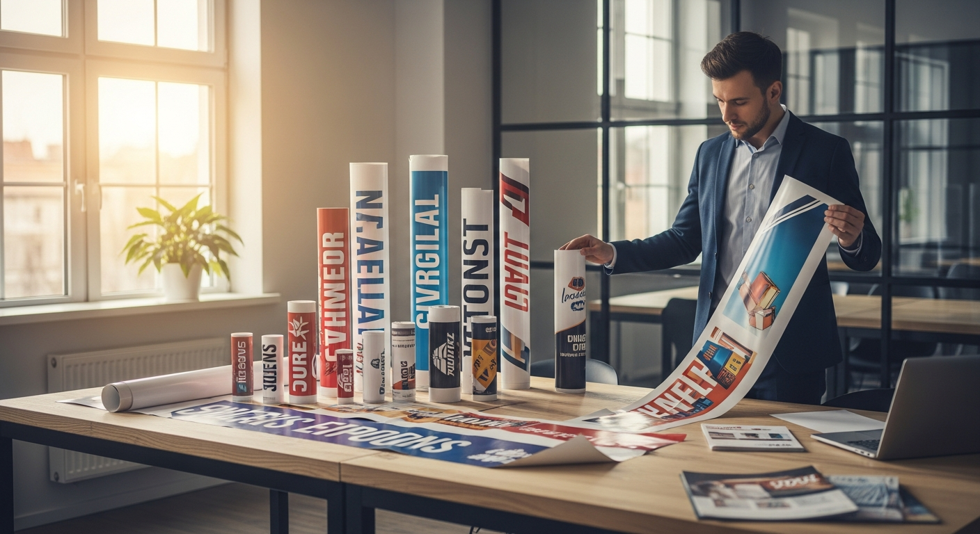 Custom vinyl banner displaying vibrant graphics with 720 DPI printing quality outdoors