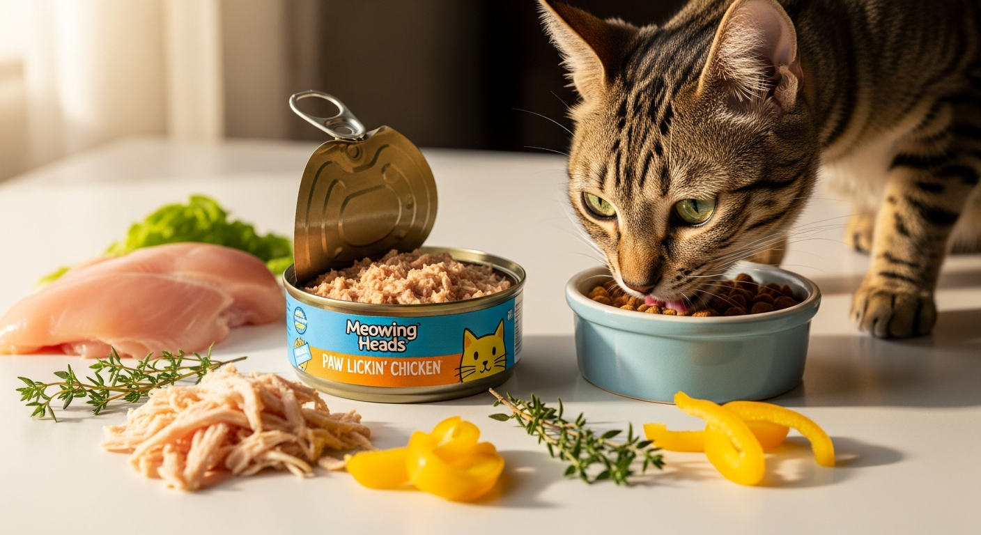 Meowing Heads Paw Lickin' Chicken wet cat food pouch with fresh chicken and beef ingredients displayed