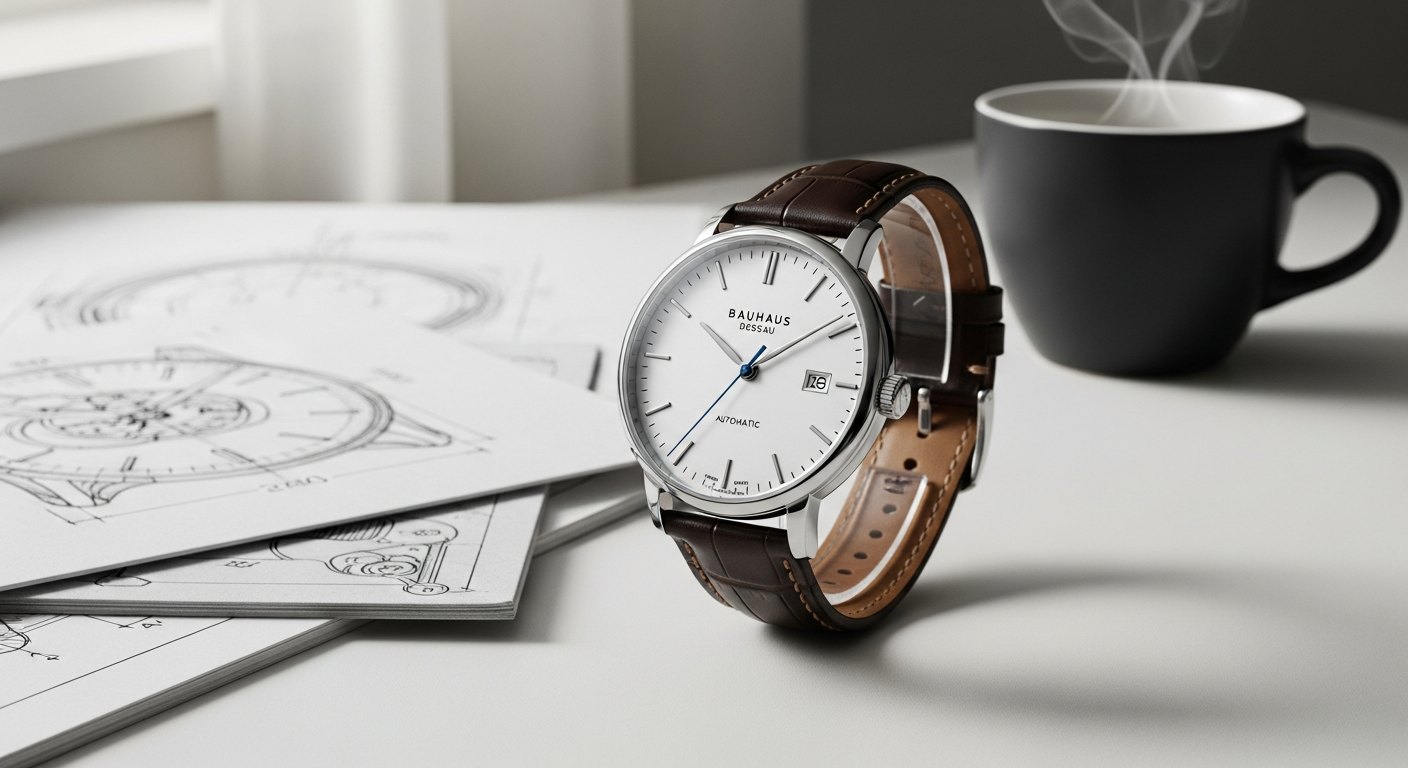 Bauhaus Dessau Automatic Men's Watch with green dial and brown leather strap on wrist