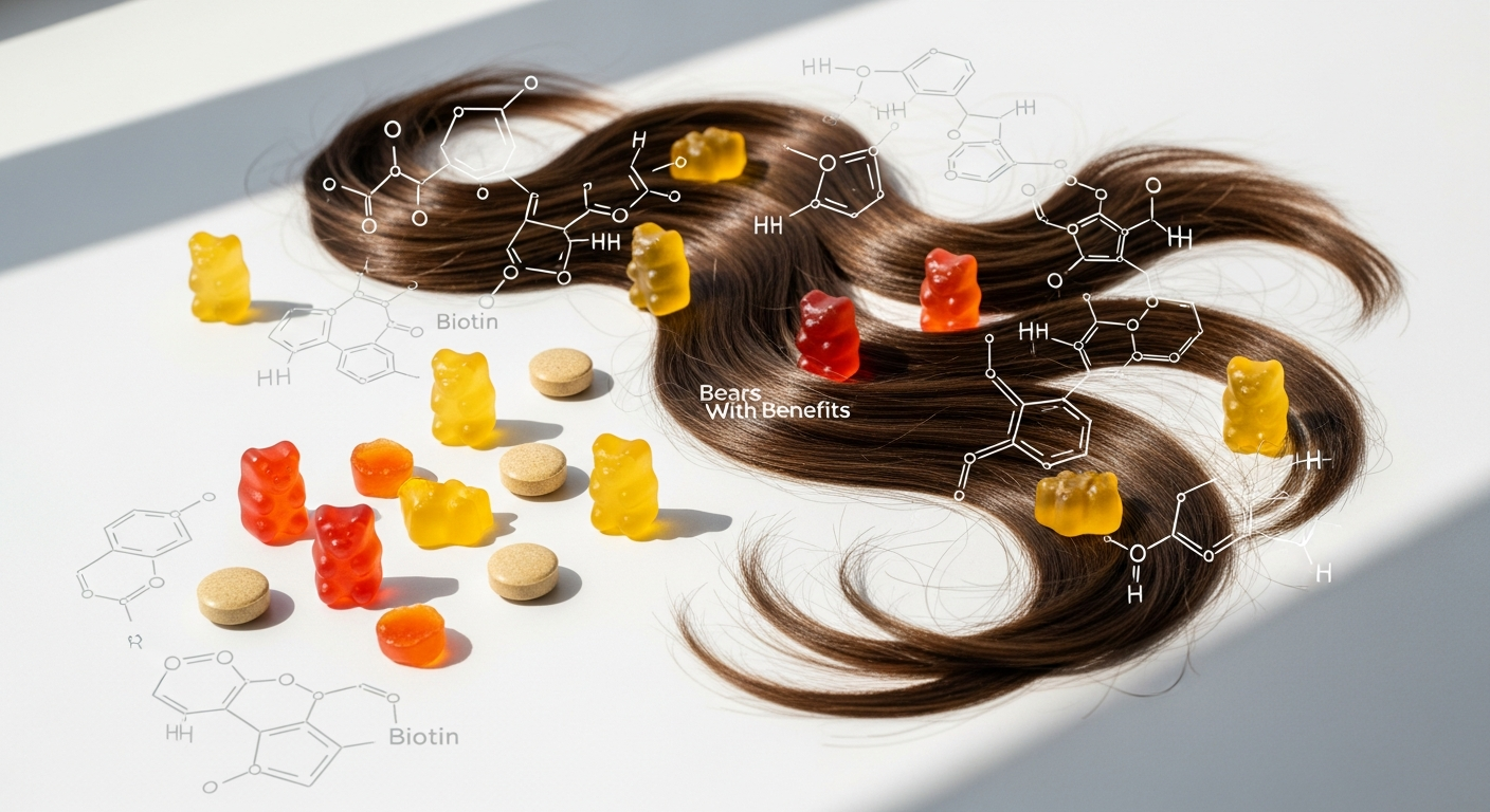 Ah-mazing Hair Vitamins gummy supplement bottle with biotin and hair growth nutrients displayed