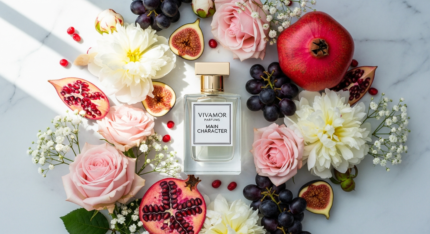 Vivamor Parfums Main Character Extrait de Parfum bottle with floral fruity fragrance notes displayed