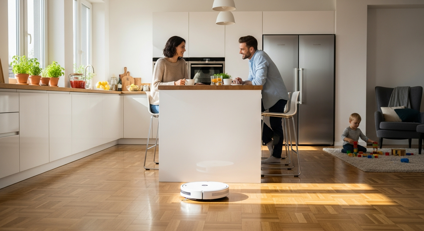 Intelligent robotic floor cleaner navigating modern Polish home with smart app control