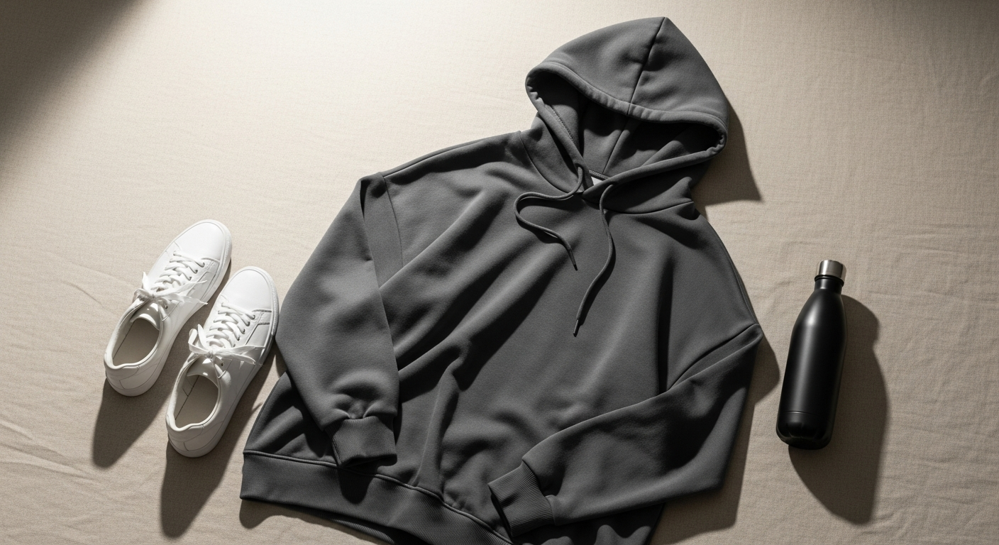Blackout Comfort Oversized Hoodie in Stone color displayed on model showing relaxed fit and kangaroo pocket design