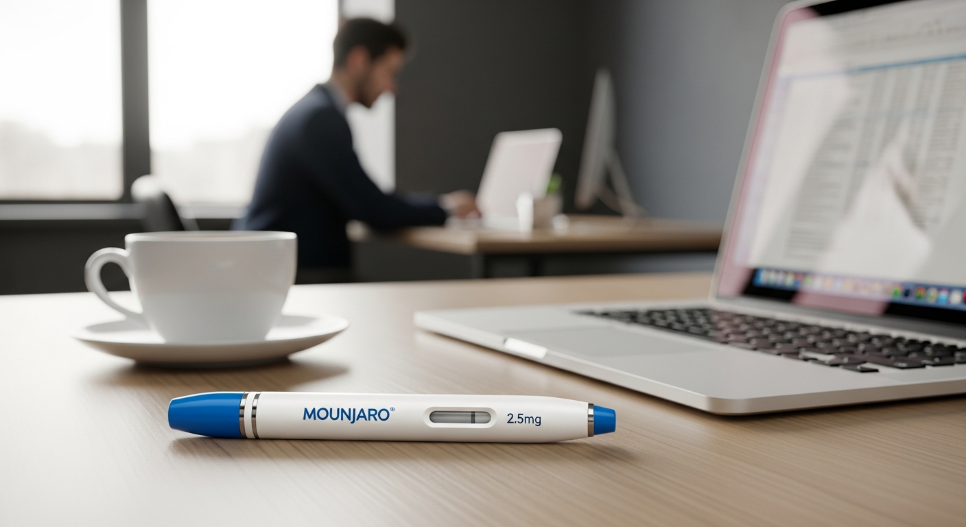 Mounjaro weight loss treatment pen with injection mechanism displayed against clinical background