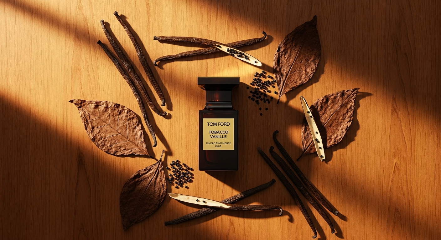 Tom Ford Tobacco Vanille Eau de Parfum bottle displayed on luxury surface with warm lighting