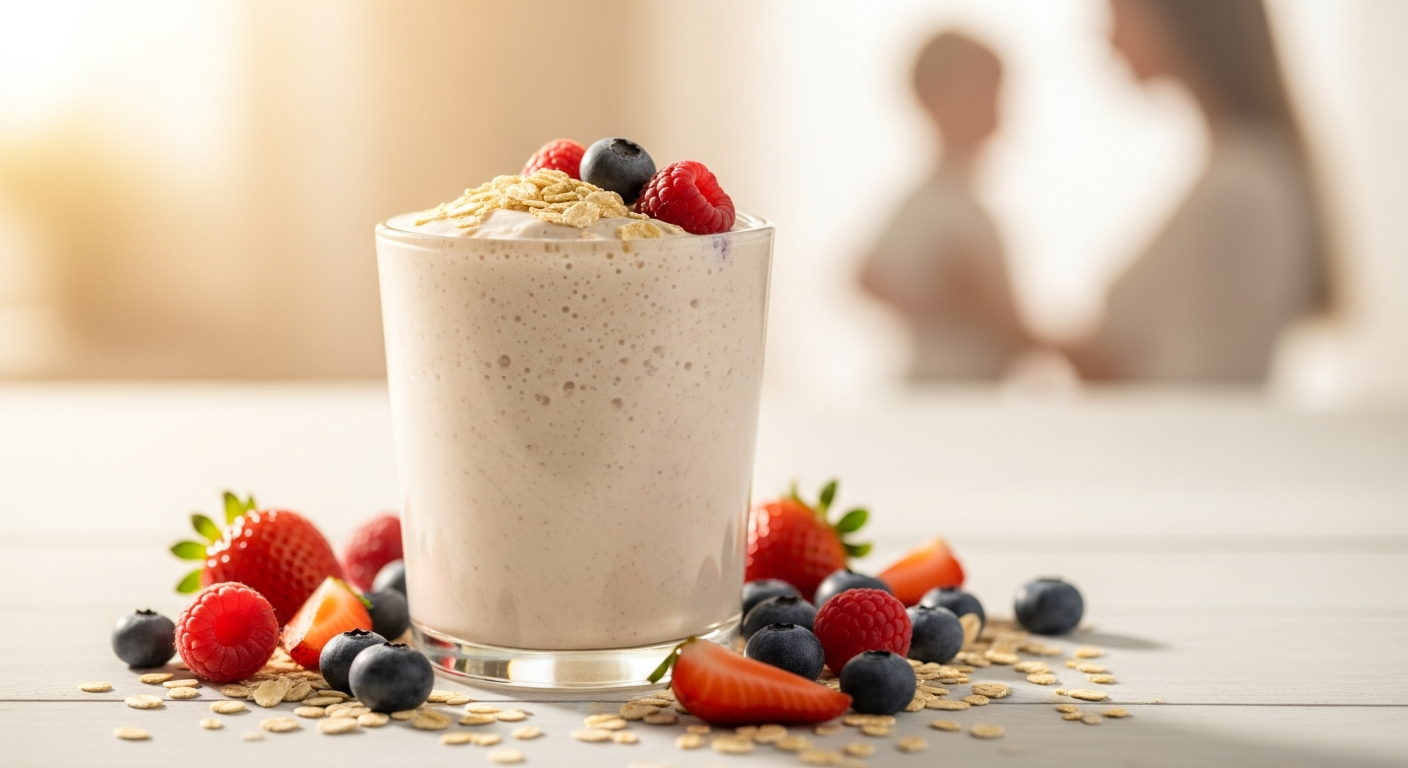 Boobie Body Superfood Protein Shake container with vanilla chai flavor displayed next to fresh ingredients