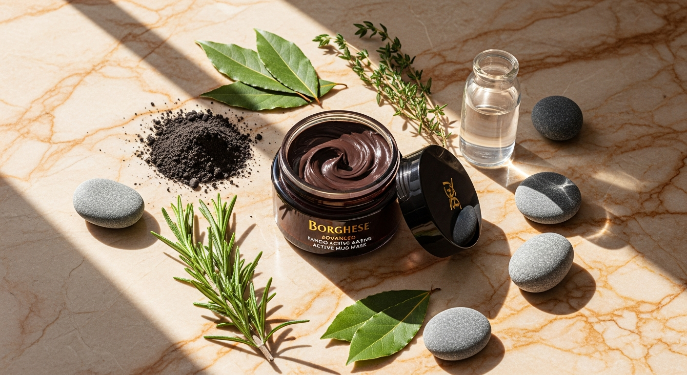 Luxurious Italian Borghese Advanced Fango Active Mud Mask jar displayed with Tuscan mineral-rich formula