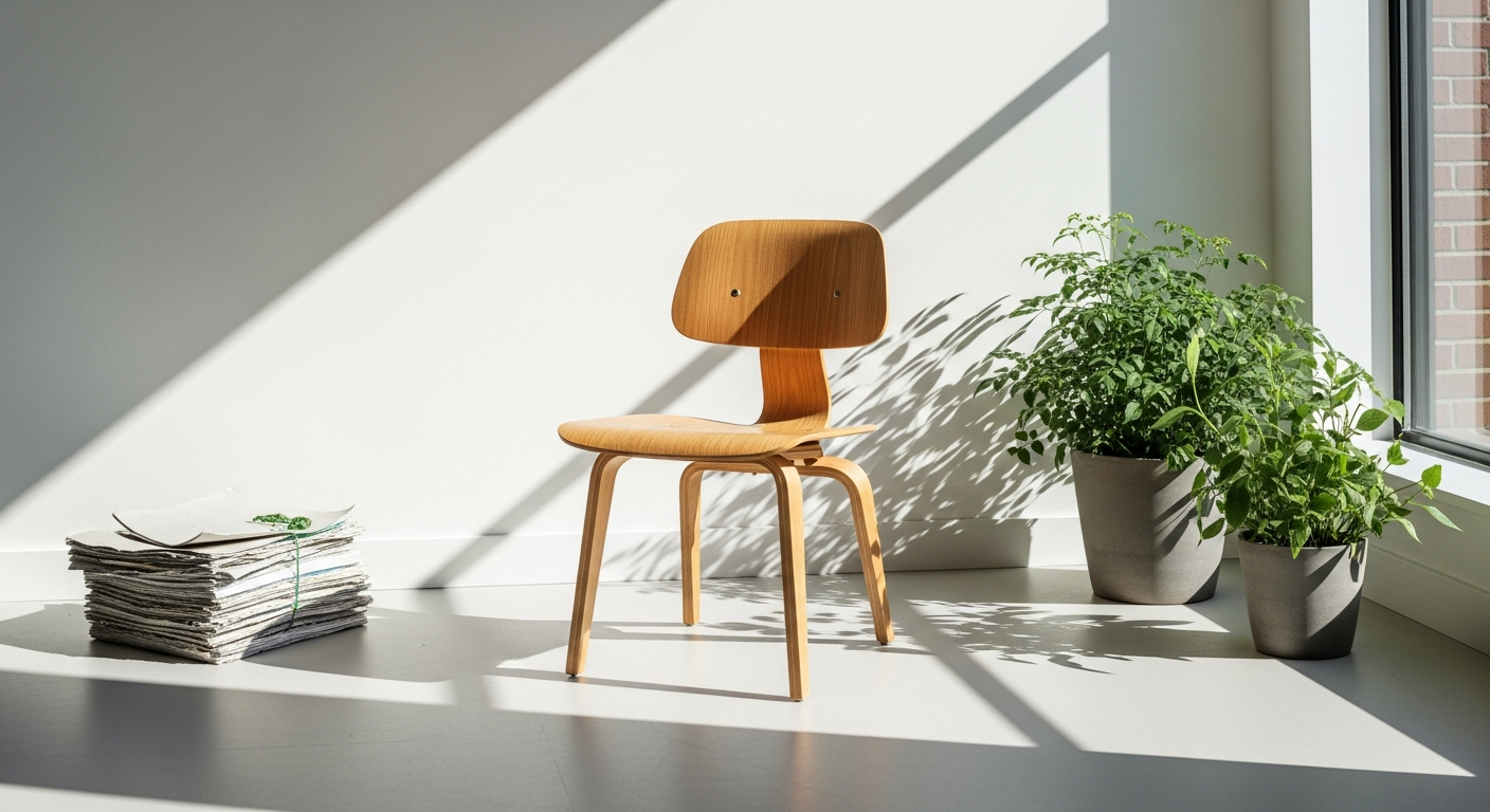 Vitra Eames DSW Side Chair in recycled polypropylene with wooden base showcasing sustainable mid-century modern design