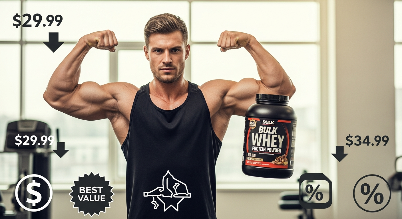 Bulk Pure Whey Protein Powder container with measuring scoop and glass of mixed protein shake