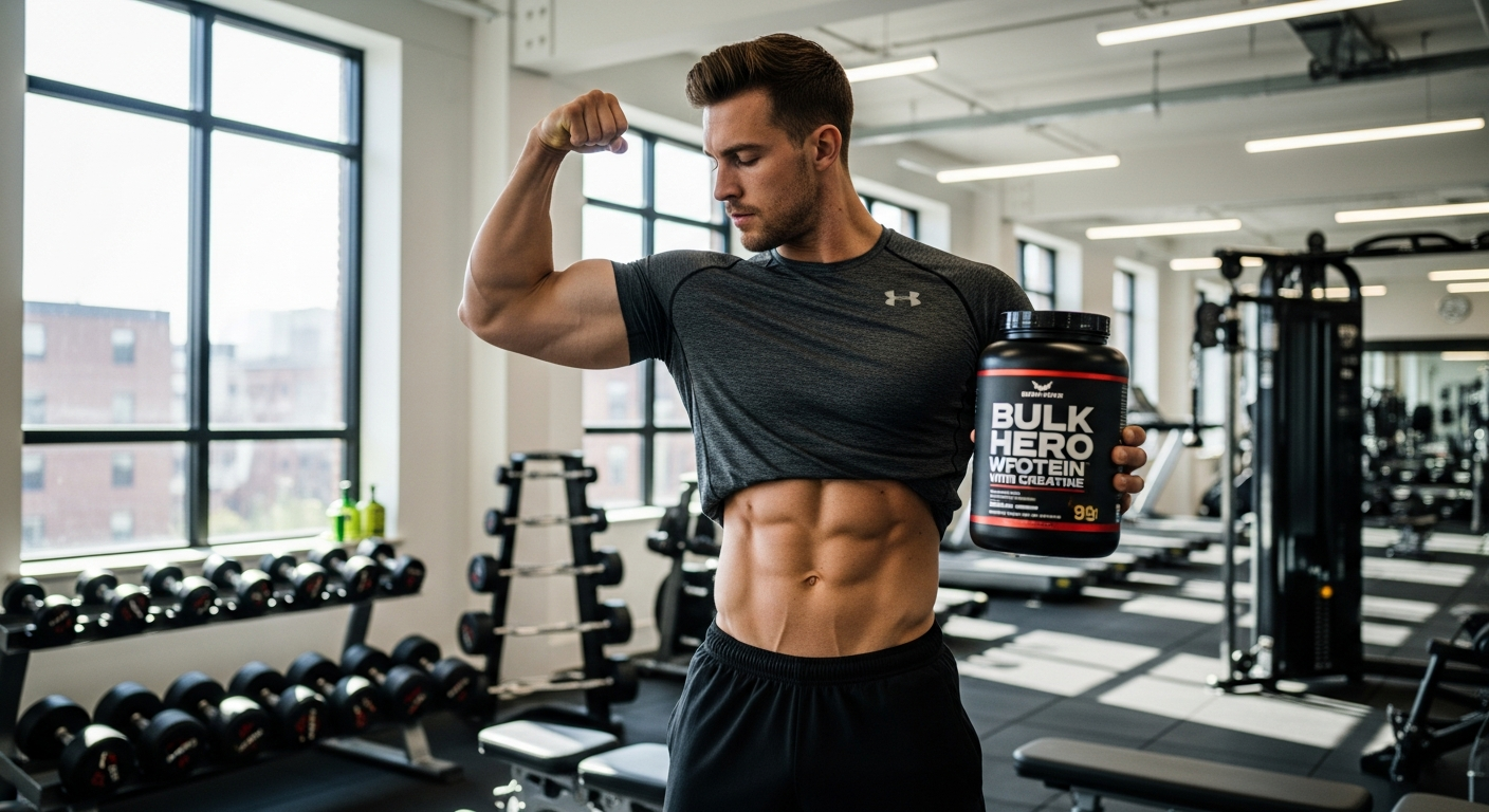 Bulk Hero 100% Whey Protein with Creatine powder container and scoop displayed on white background