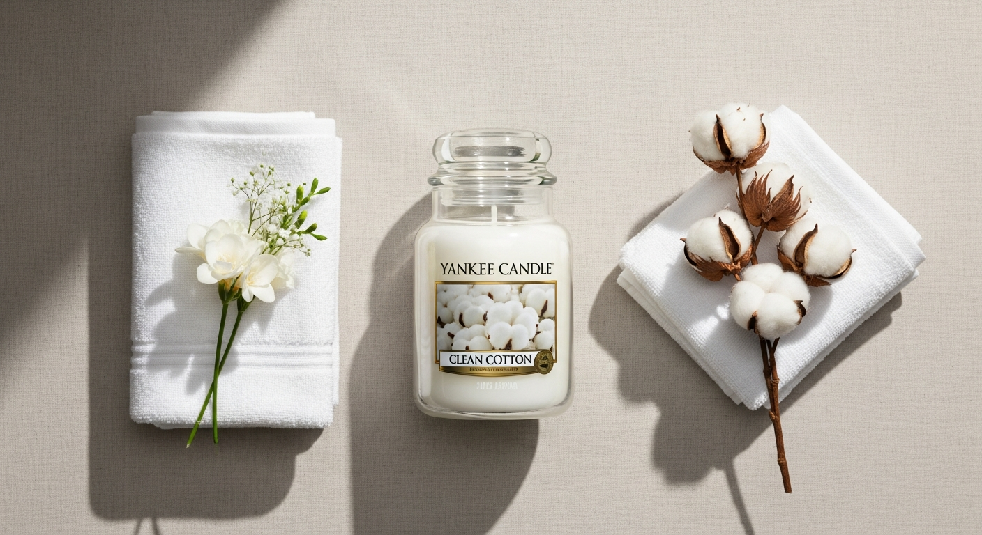 Yankee Candle Clean Cotton Large Jar with glass lid displayed on white surface with fresh cotton flowers