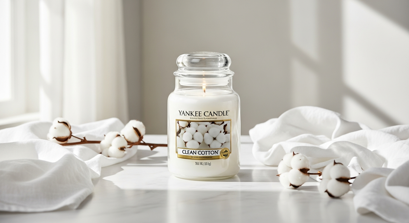 Yankee Candle Large Jar Clean Cotton scent in premium glass jar with double wicks