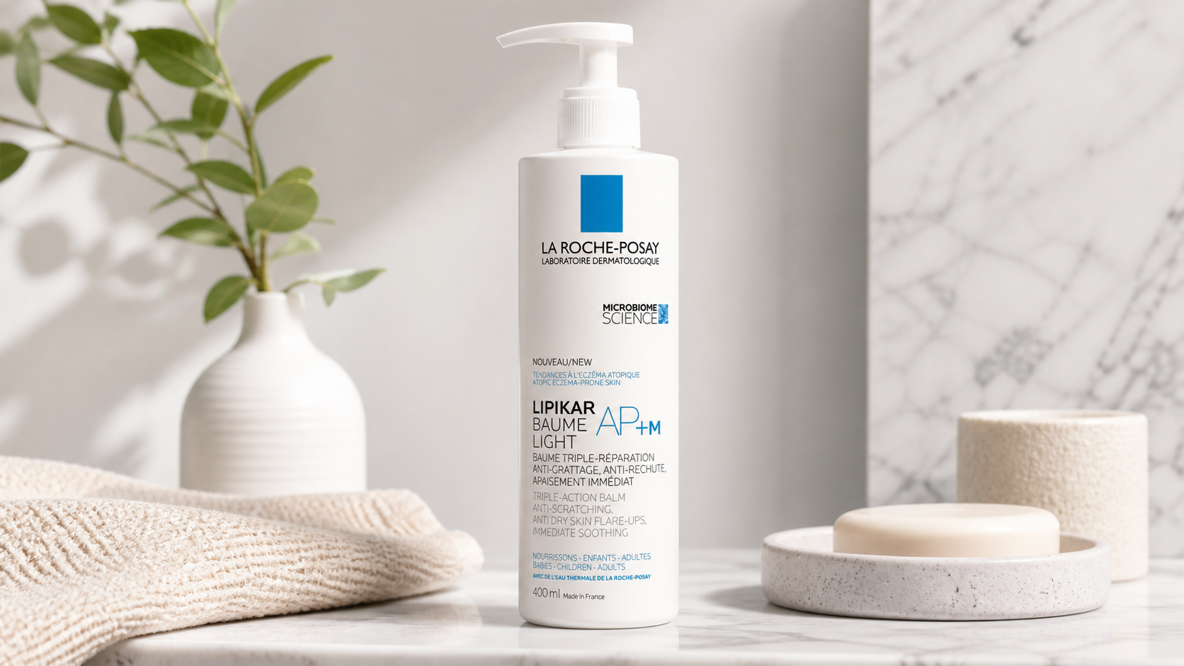 La Roche-Posay Lipikar Baume Light AP+M lightweight balm in pump bottle for eczema-prone skin