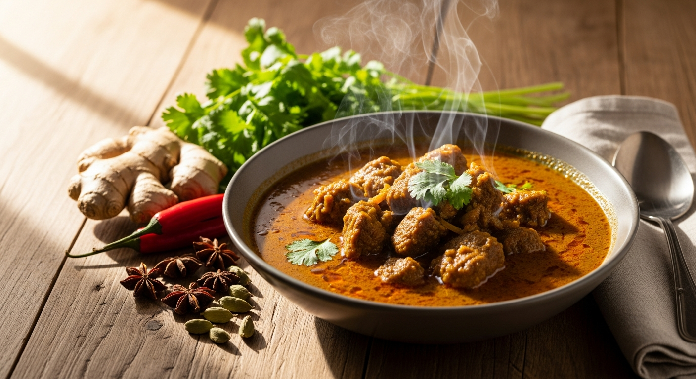 Chef Akila's Grandma's Lamb Curry gourmet ready meal with creamy coconut sauce and tender Yorkshire lamb pieces