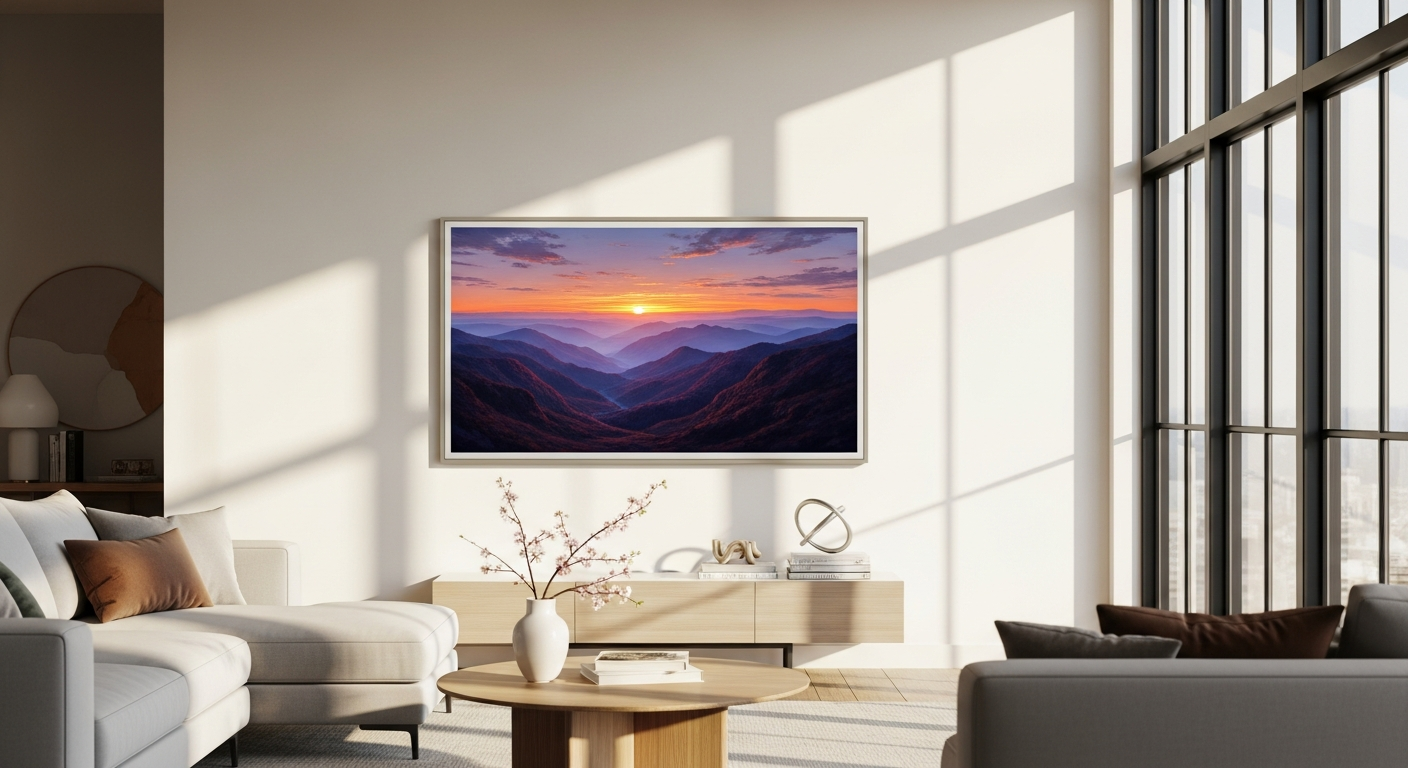 Samsung 75-inch The Frame Neo QLED TV displaying artwork in a modern living room with customizable frame design