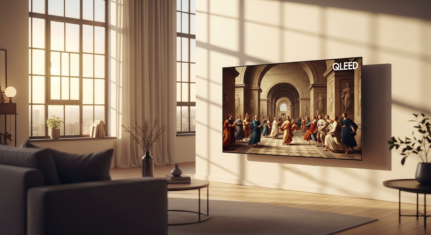 Samsung 75-inch The Frame Pro Neo QLED TV mounted on wall displaying digital artwork in gallery mode