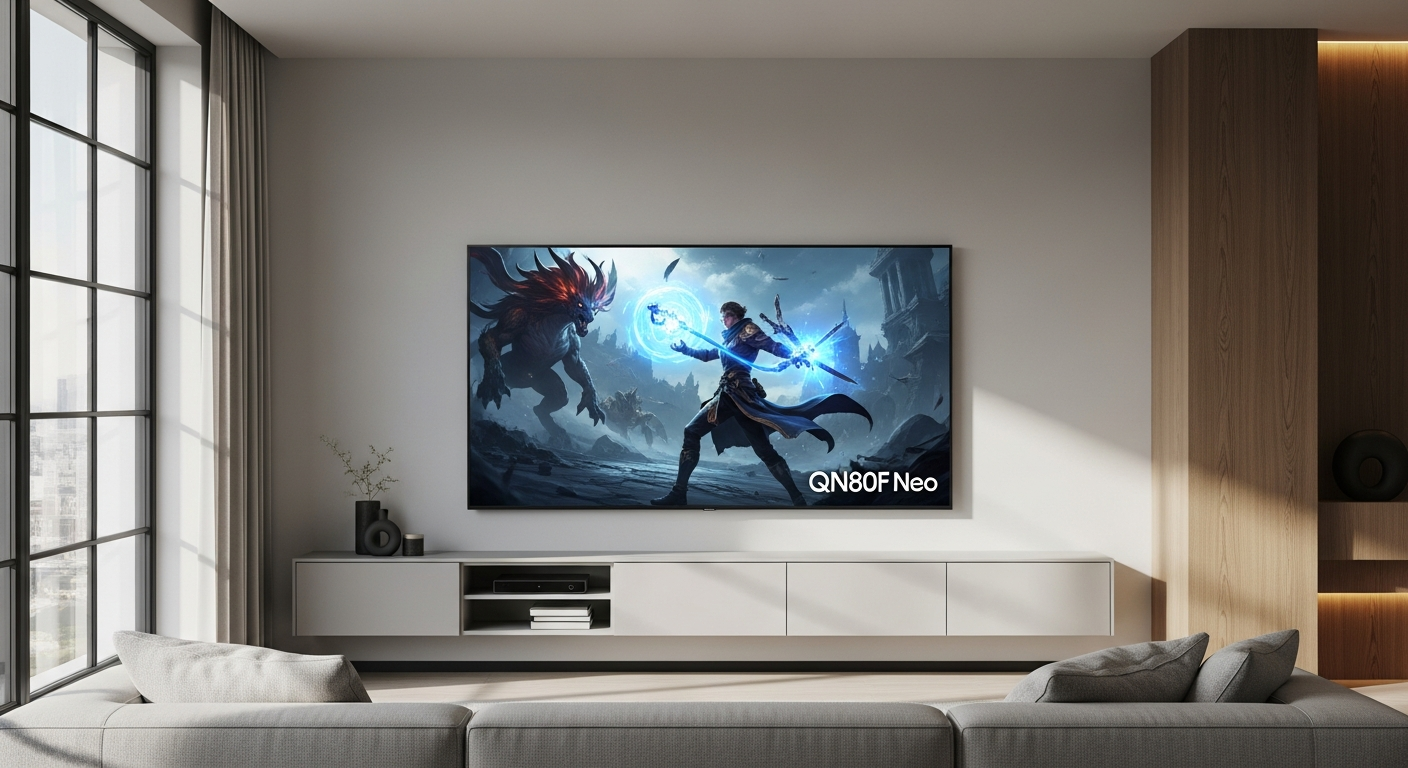 Samsung QN80F Neo QLED 4K TV displaying vibrant gaming content with mini-LED backlighting technology