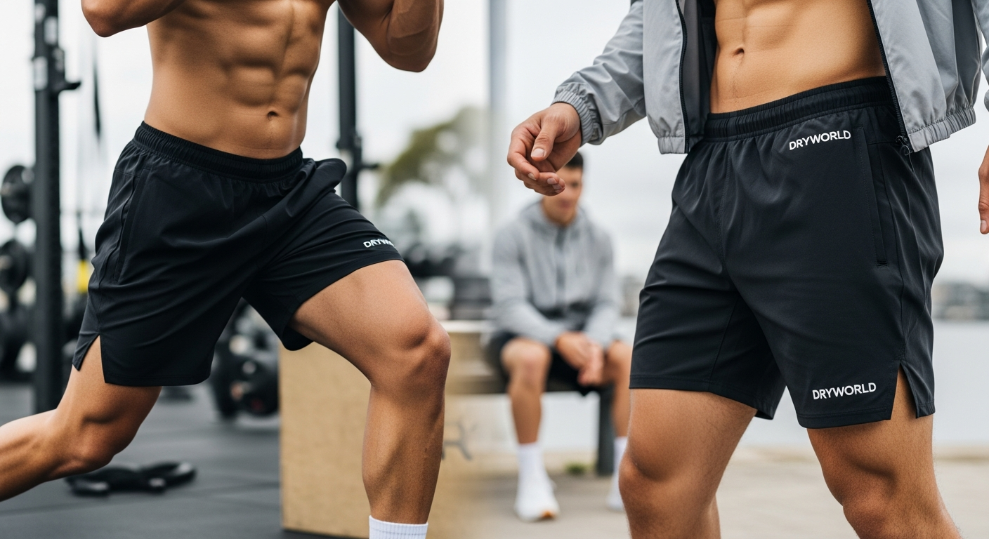 DRYWORLD Core D Pro Athletic Shorts displayed flat lay showing integrated spandex lining and lightweight performance fabric construction