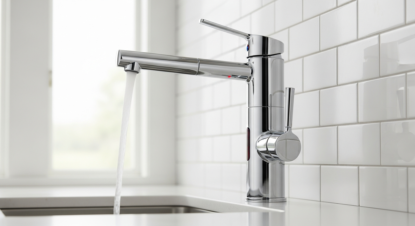 Modern brushed nickel Delta Lenta touchless kitchen faucet with pull-down sprayer and LED temperature indicator