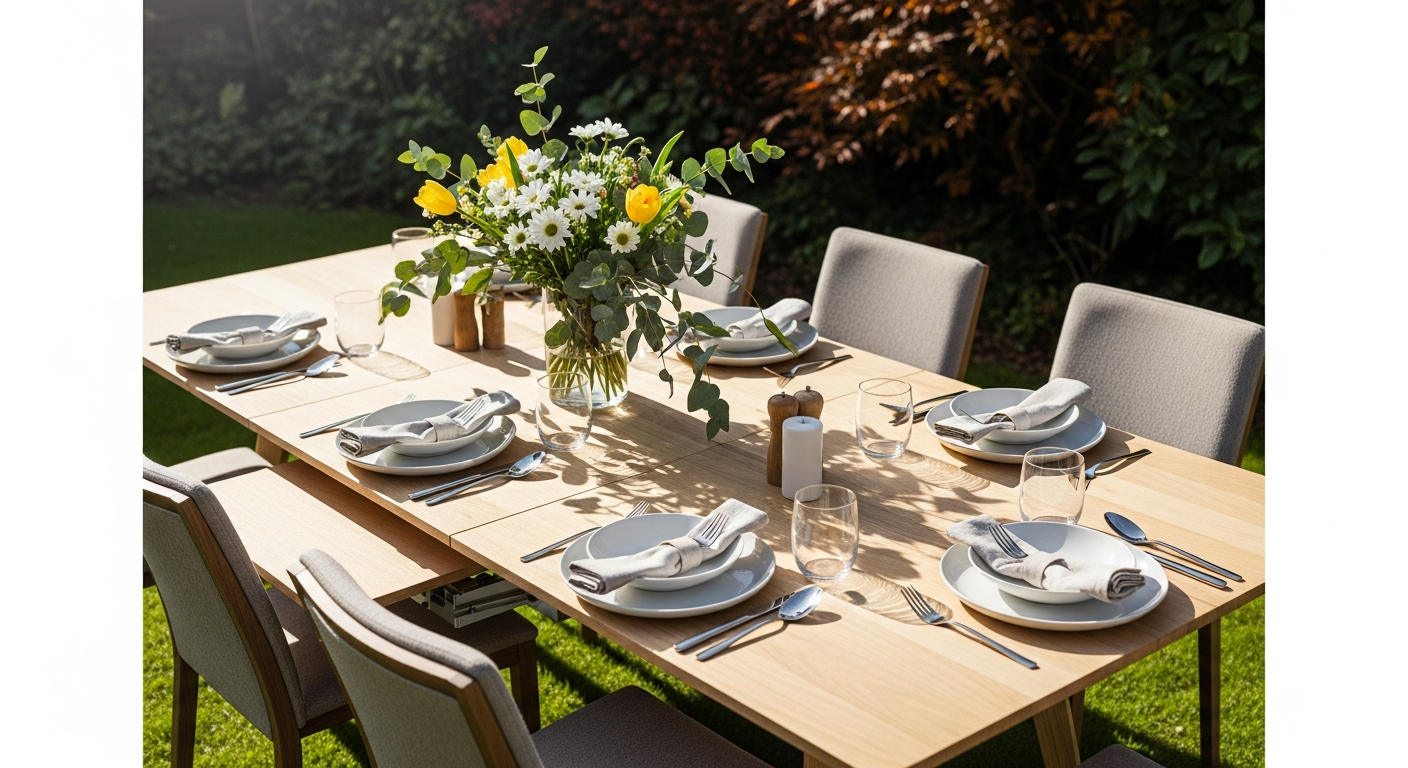 Extendable eucalyptus garden dining table with butterfly leaf extension and integrated parasol holder on a patio