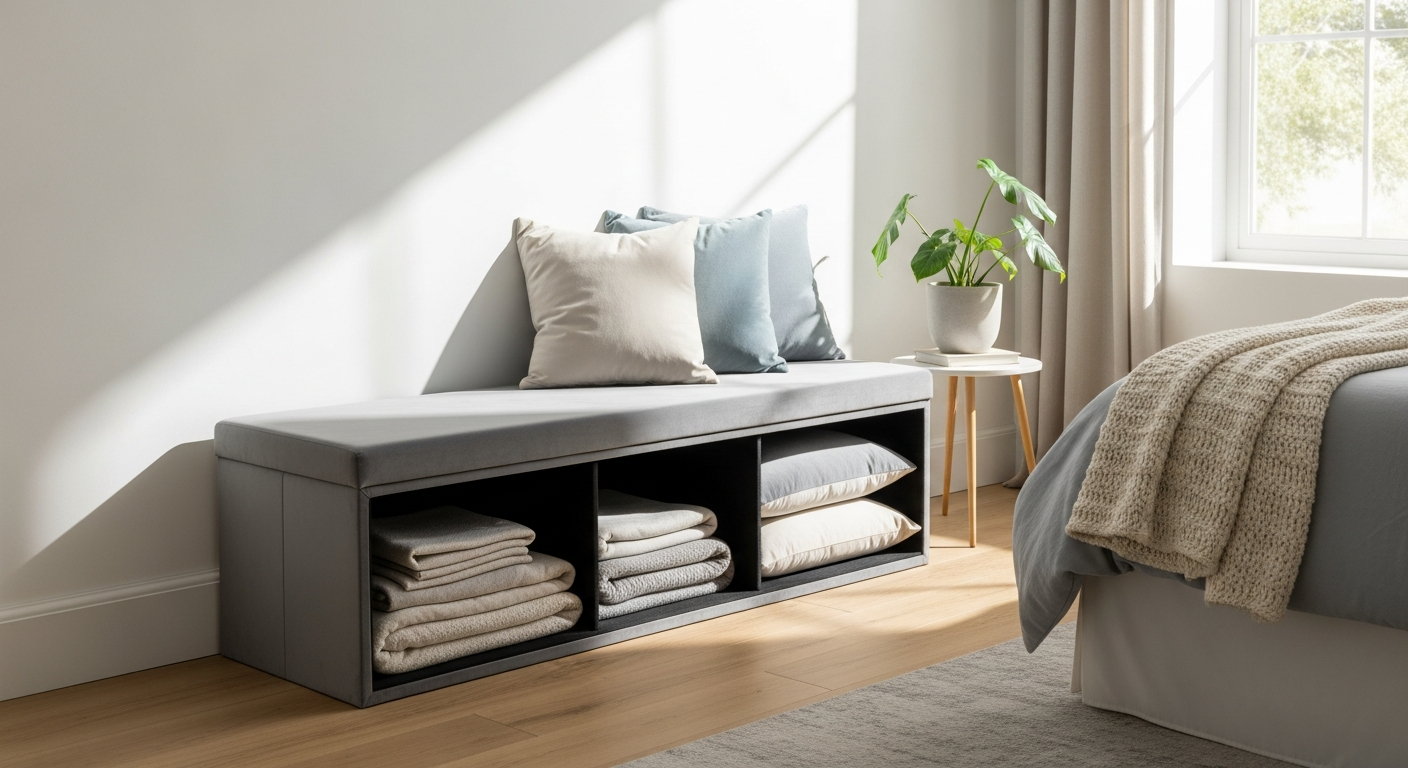 Grey velvet storage bench with foldable design in modern living room setting