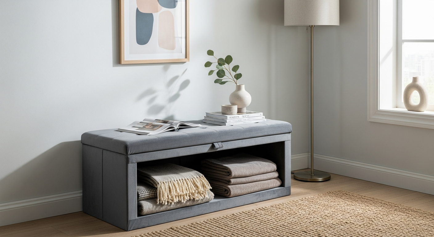 Foldable grey velvet storage bench in modern apartment setting with organized interior