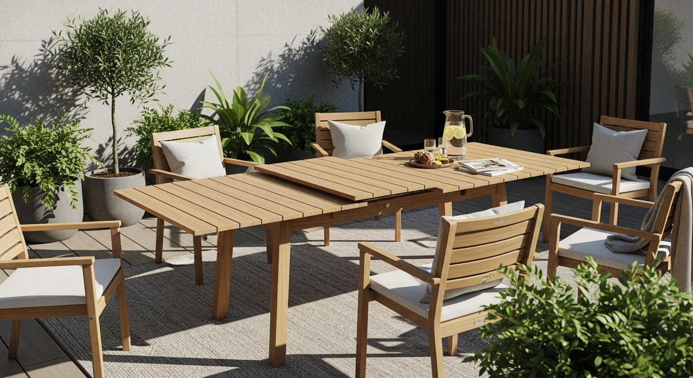 Vanamo Eucalyptus Extendable Garden Table set up in an outdoor garden space with place settings