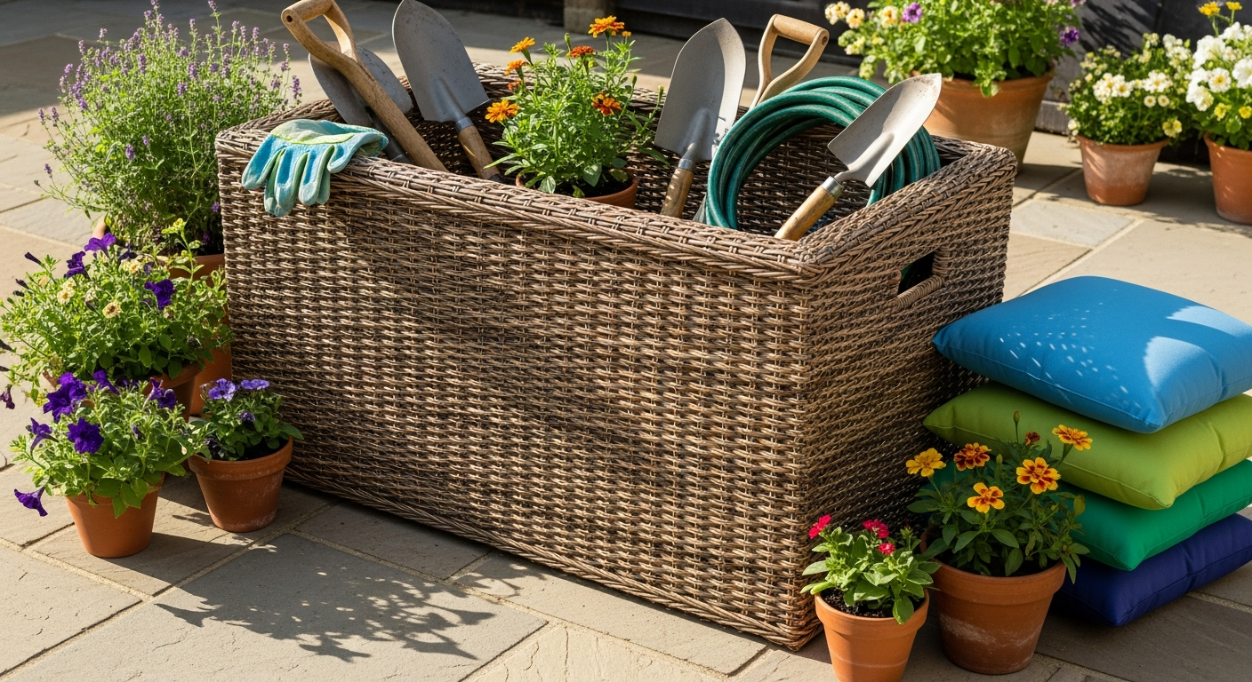 DeubaXXL Polyrattan Storage Box 310L in brown displayed on a patio with garden cushions and outdoor furniture nearby